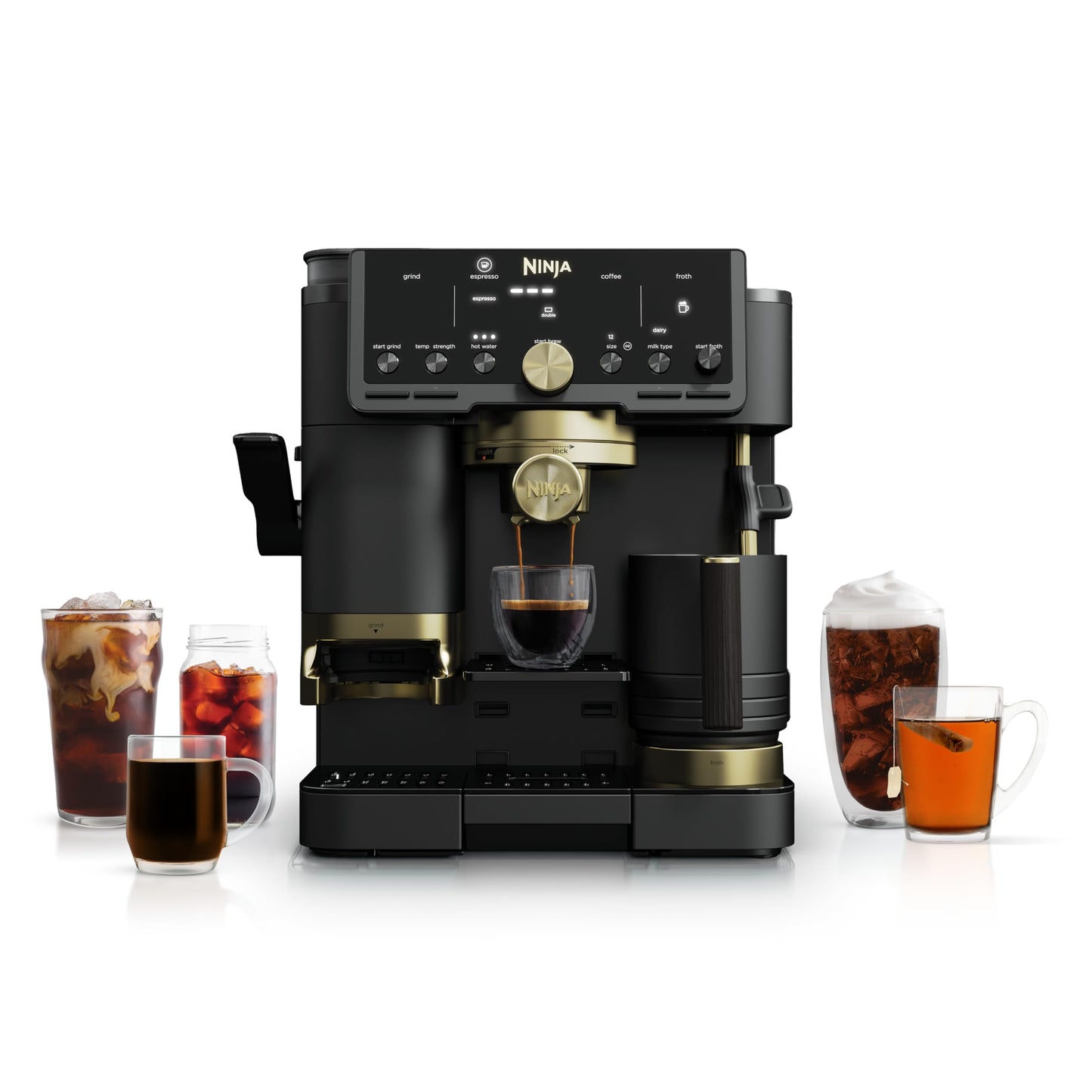 Ninja Luxe™ Café Pro designed by David Beckham, Espresso Machine, Drip Coffee, Cold Brew, Hot Water, Integrated Tamper, Built-in Grinder, Hands-Free Frother for Lattes & More, Black/Gold, ES771BK
