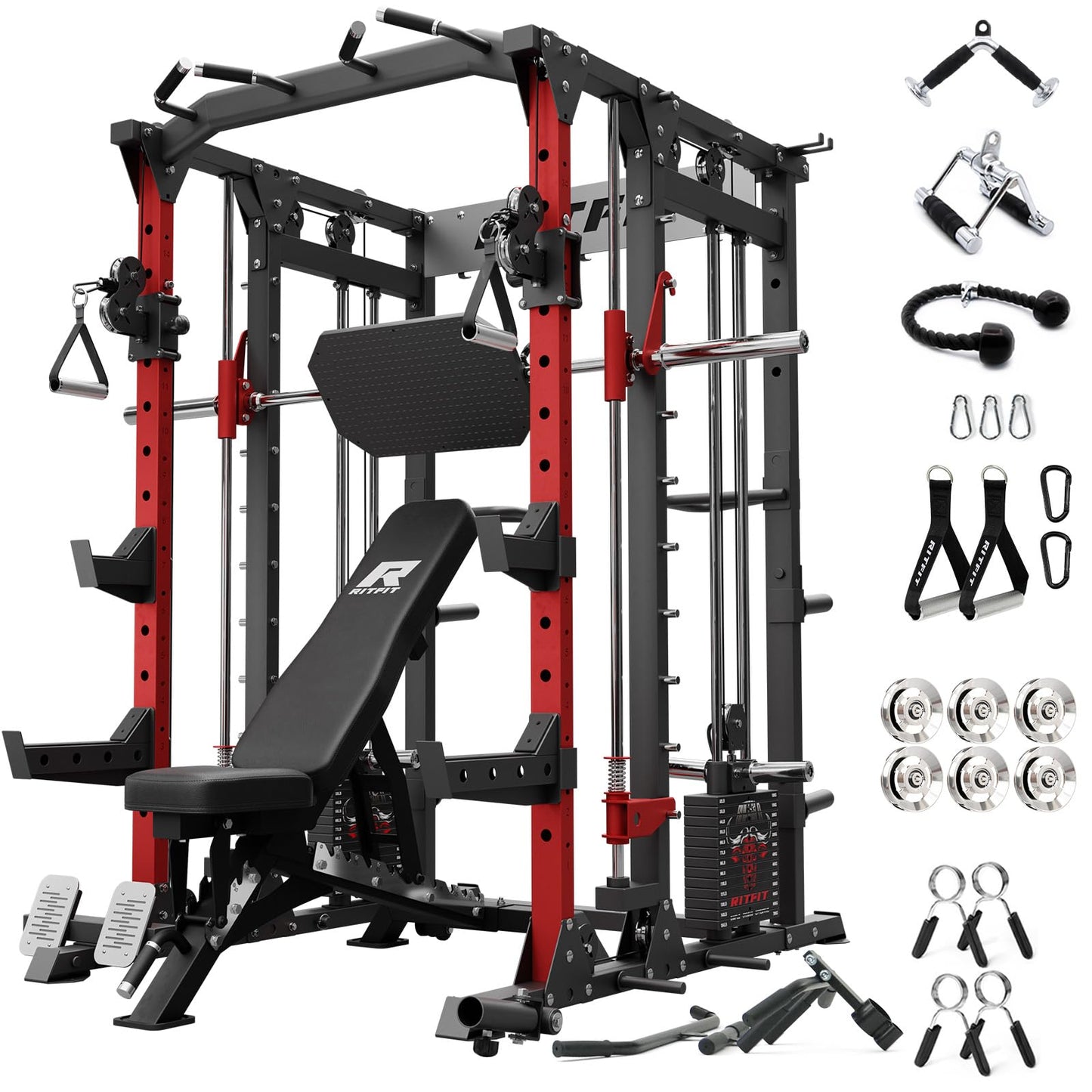 RitFit Buffalo Smith Machine Package, All-in-One Power Cage with Weight Stack , Power Rack with Cable Crossover & Leg Press Attachment for Home Gym(RED,BWB01)