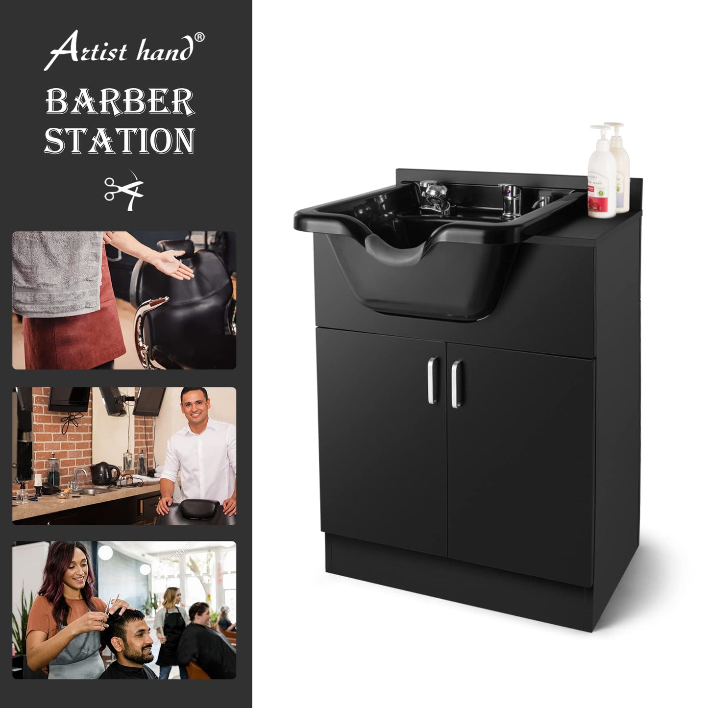 Artist hand Shampoo Backwash Sink Station with Shampoo Bowl Shampoo Station, Backwash Sink Chair Spa Salon Beauty Equipment, Used with Barber Chair and Shampoo Chair(Black)