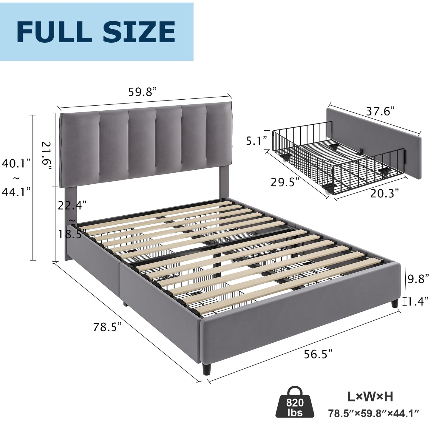 VECELO Full Size Bed Frame with 4 Storage Drawers, Adjustable Height Headboard, Heavy-Duty Platform Bedframe with Strong Wooden Slats, No Box Spring Needed, Dark Grey