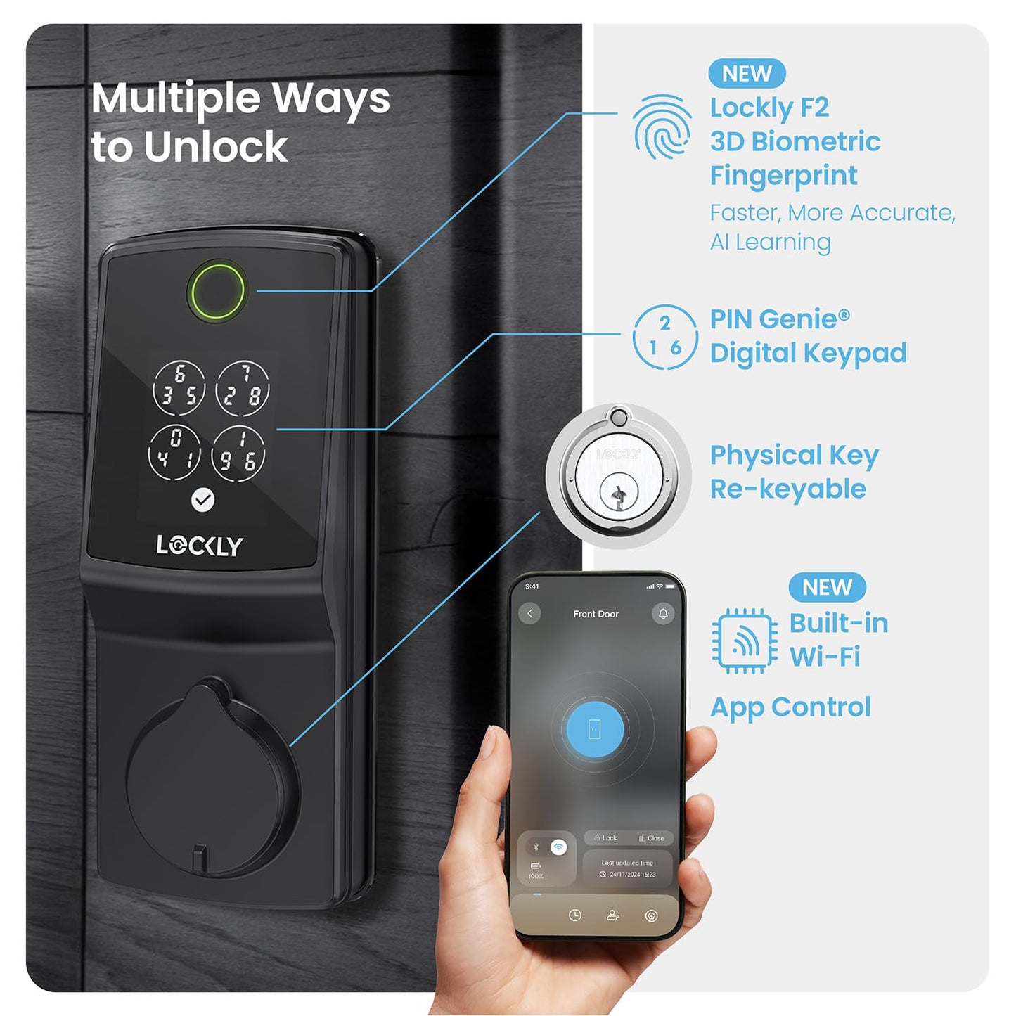 Lockly Secure Pro Smart Lock, 0.2s AI Fingerprint Door Lock, Patented PIN Genie Keypad, Keyless Entry Deadbolt for Front Door, Zinc Alloy, IP65 Waterproof, 2 Backup Keys Included
