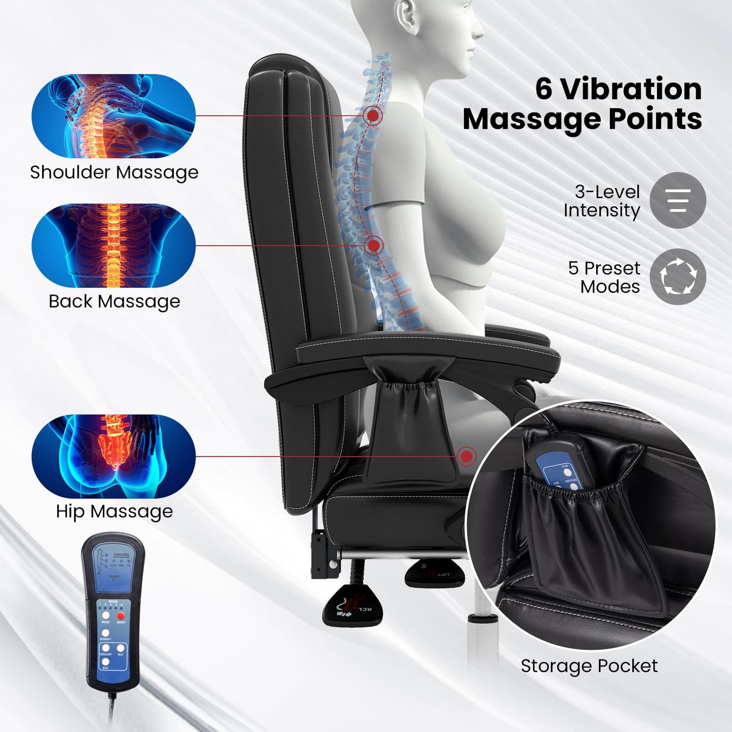 COSTWAY Big and Tall Office Chair, 6-Point Massage Desk Chair with Retractable Footrest, Reclining Backrest & Adjustable Swivel Seat, PU Leather Executive Chair with Wheels, 400 LBS Capacity, Black