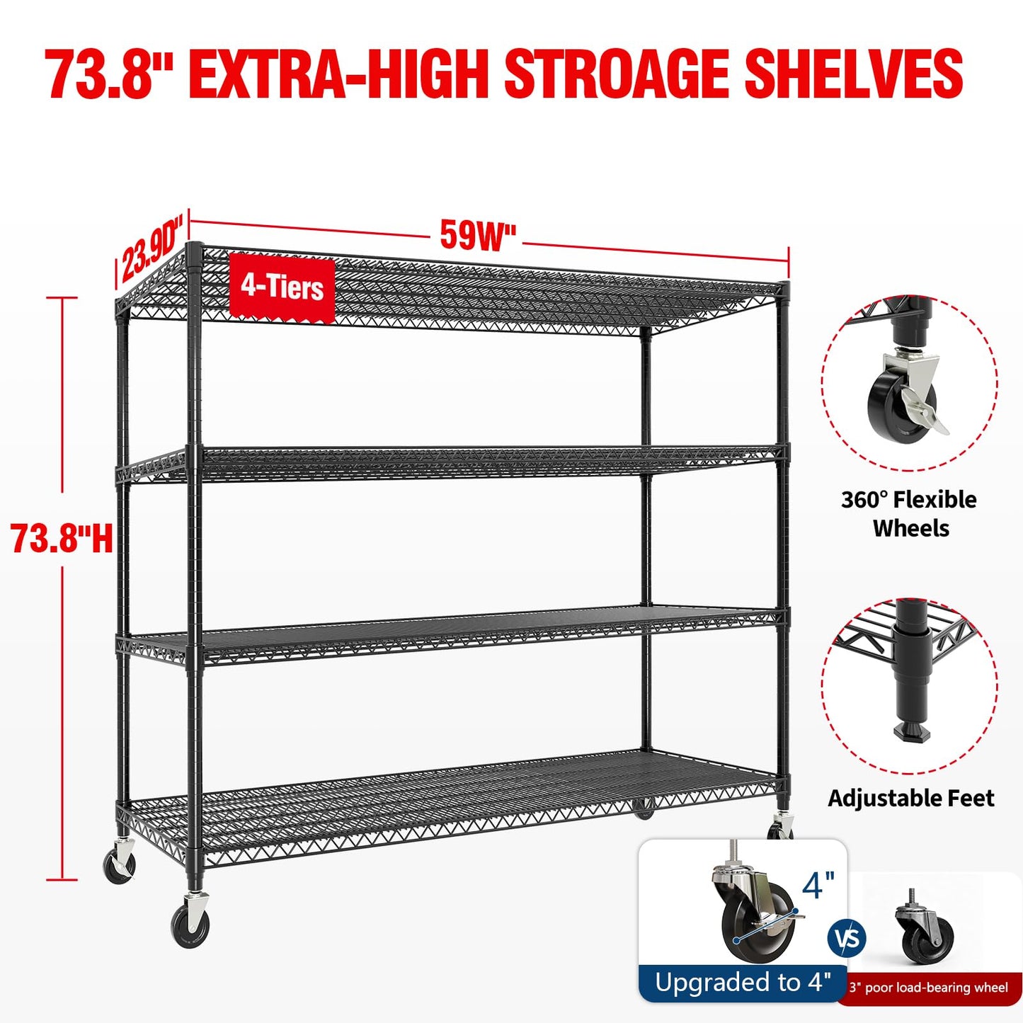 4-Tiers Storage Shelves 73" H Heavy Duty Metal Shelving with Wheels, 2640LBS Load Wire Shelving Rack Garage Shelves for Pantry Kitchen Industrial Warehouse Office, 59" W x 23.9" D