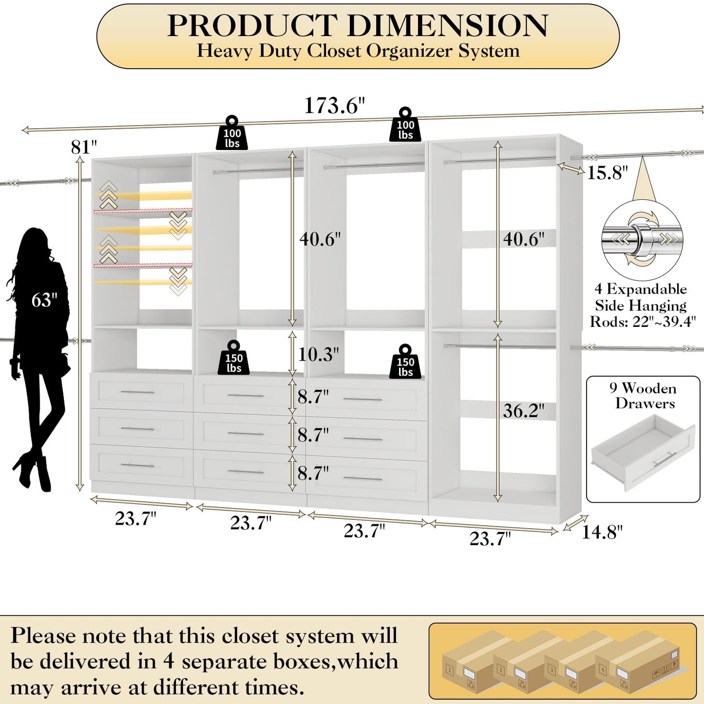Closet System with 4 Sets, 8-21FT Closet Organizer System with 9 Drawers & 6 Shelves & 8Hanging Rods, Custom L-Shaped Walk in Closet Organizers and Storage System, Modular Closet Shelving System,White
