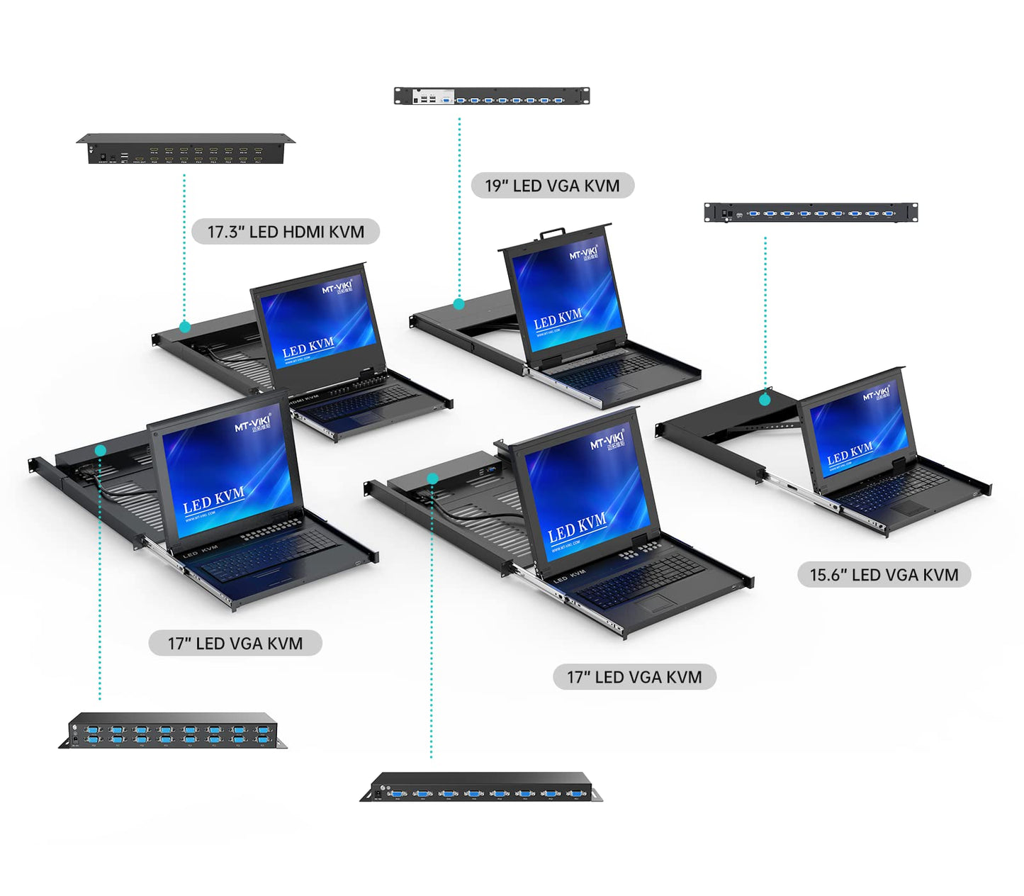 MT-VIKI KVM Rack Console w/19'' LCD Monitor, 8 Port VGA KVM Switch with Keyboard Touchpad Monitor, Fit for 1U 19'' Rack, OSD/Hotkey/Button 【with 8 KVM Cable】