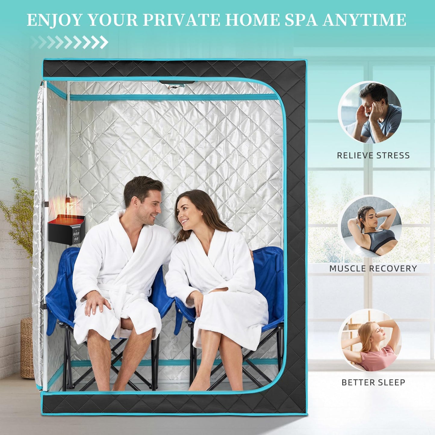ZONEMEL Upgrade Portable Hot Air Sauna, 1 or 2 Person Home Sauna, 1500W & 149°F Dry Sauna Box, with 660nm Red Light Therapy, Folding Chairs (110V)