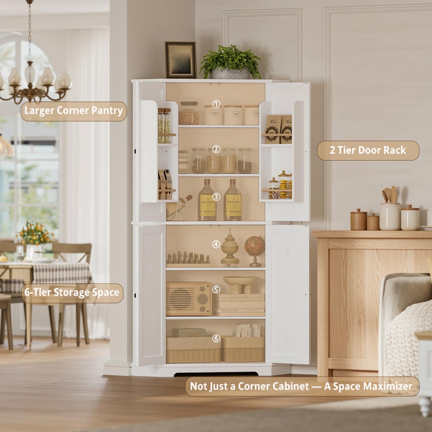 IRONCK Corner Cabinet, 72" H Kitchen Pantry Storage Cabinet, 4 Barn Doors with Storage Rack, 4 Adjustable Shelves, 6-Tier Tall Food Pantry Cabinet, Farmhouse Hutch for Kitchen Dining Room, White