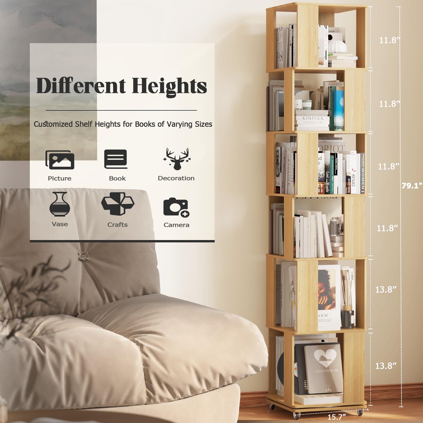6 Tier Solid Wood Rotating Bookshelf Tower on Wheels, 360° Upgrade Spinning Book Shelf, Revolving Bookcase Organizer, Swivel Bookshelves for Small Spaces, Bedroom, Kids Room, Office (Light Wood)