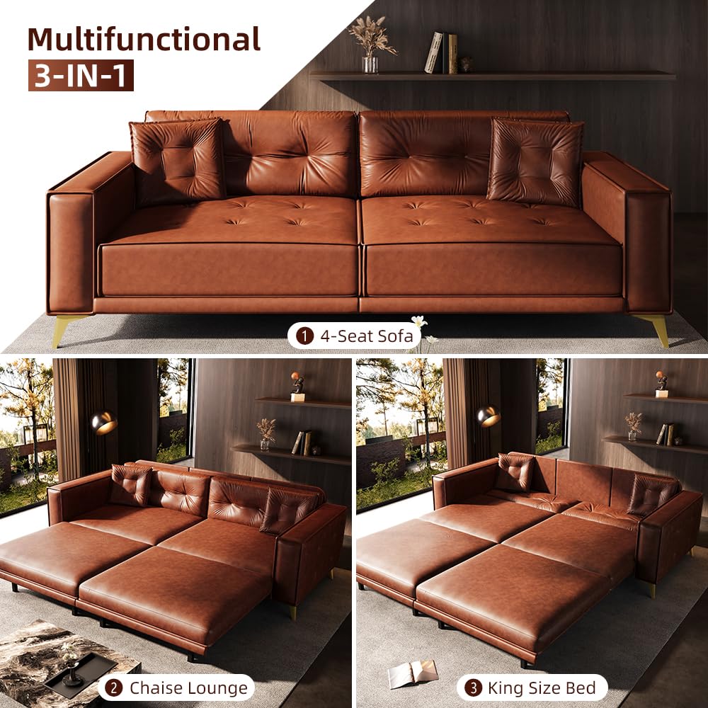 Eafurn 92" Convertible Loveseat Sleeper Sofa Bed, 4-in-1 Multifunctional 4-Seat Leather Couch with Pull Out King Size Bed & Chaise Lounge, Oversized Tufted Loveseat Sofa Couch for Living Room