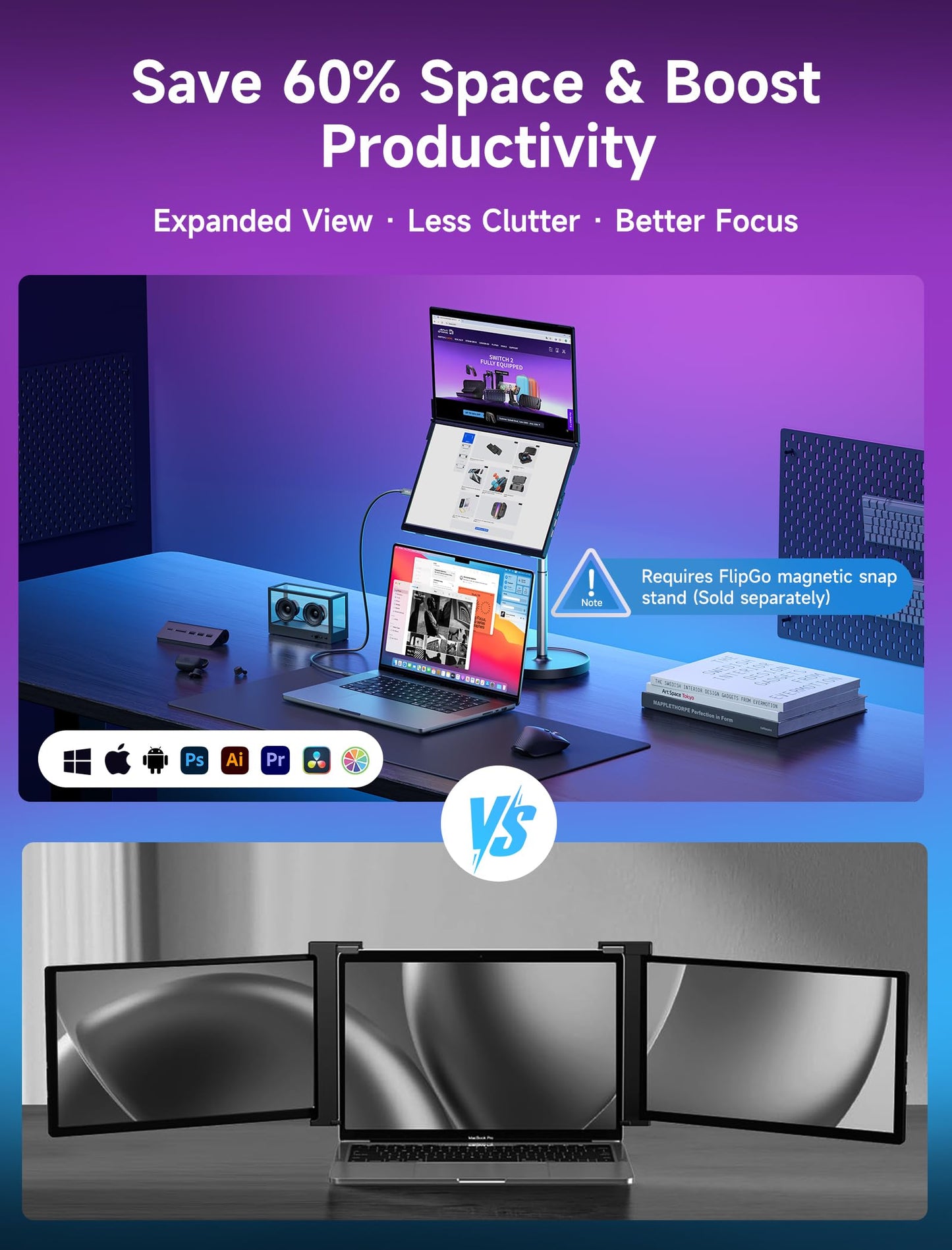JSAUX FlipGo Pro 15.6" Dual Portable Monitors, 1080P FHD IPS Dual Screen Monitor, Triple Screen Laptop Monitor Extender for Wins/macOS (Driver Required) with Magnetic Design/Plug & Play/Built-in Hub