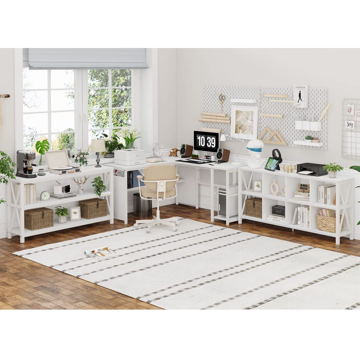 FATORRI 8 Cube Storage Organizer Bookshelf, 62 Inch Rustic Wood Horizontal Bookcase, Industrial Cube Long Book Shelf for Living Room (White Oak)