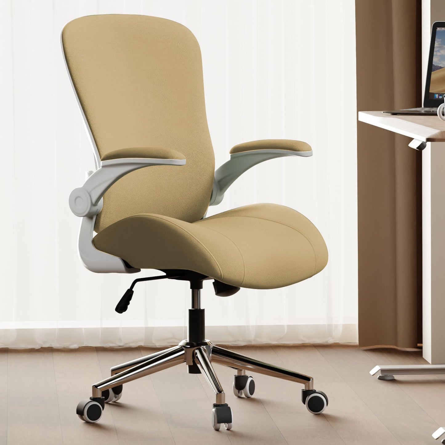 VOTRENIX Kahki Ergonomic Office Desk Chair, Soft Fabric Thickened Curved seat Cushion with Adjustable Lumbar Support, Perfect Blend of Comfort and Good Looks, Ideal Chair for Home or Office, Khaki