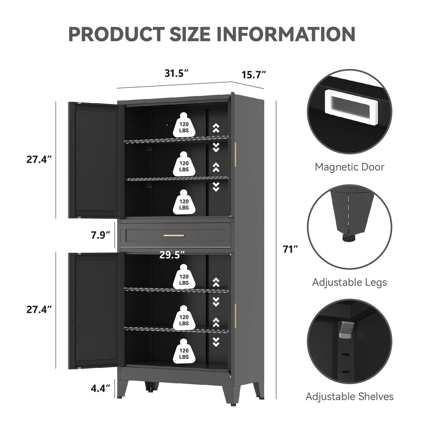 Baborokic 71" Tall Metal Storage Cabinet with Drawer and Adjustable Shelves,Farmhouse Kitchen Pantry Storage Cabinet with Doors,Large Wide Cabinets for Craft Room,Office,Dining Room,Kitchen(Black)