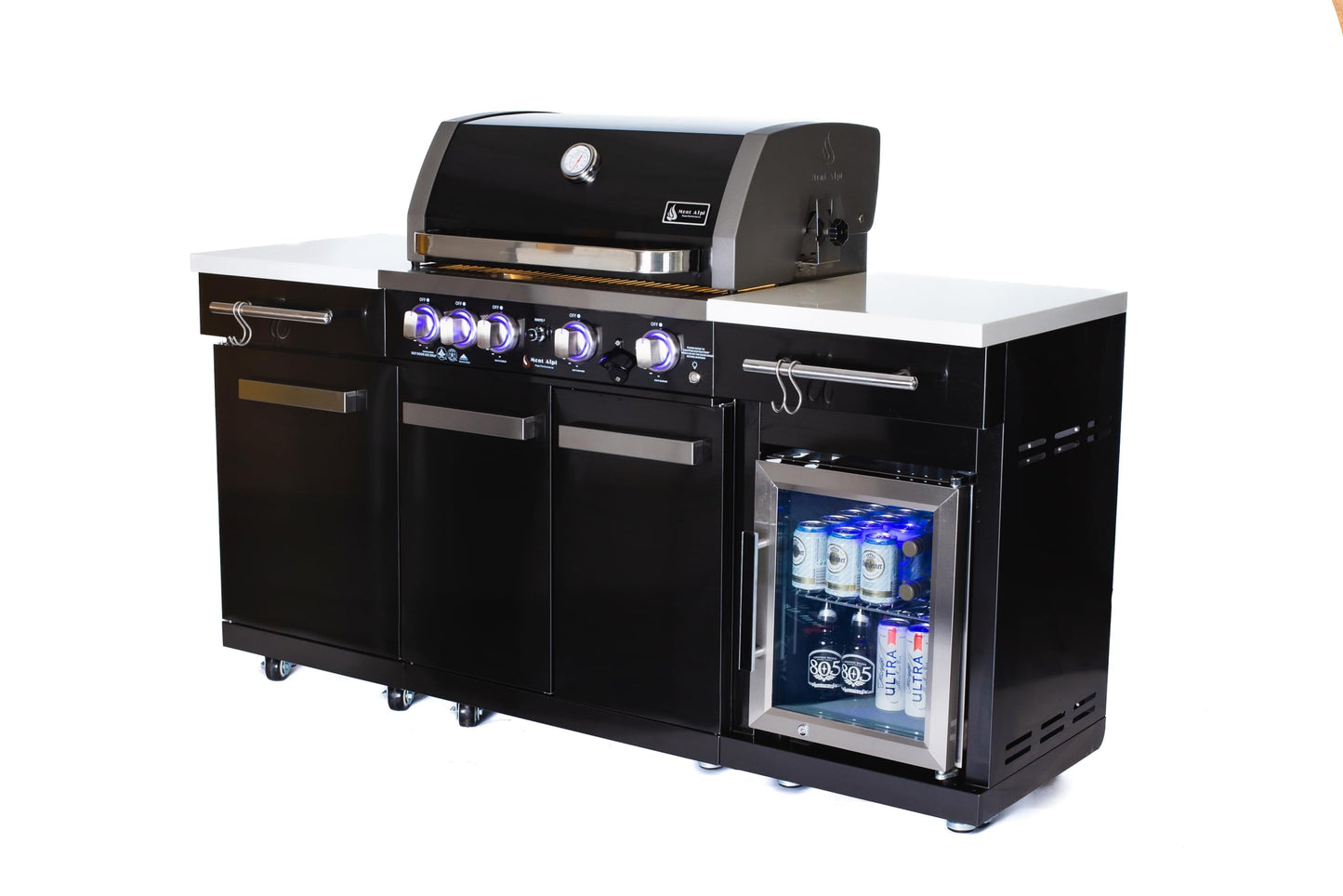 Mont Alpi Premium 70"W x 24"D x 46"H Black Stainless Steel Compact Outdoor Kitchen Island with Refrigerator + 32"W 4-Burner BBQ Grill + Rotisserie Rear Burner + Storage Cabinets + Granite Countertops