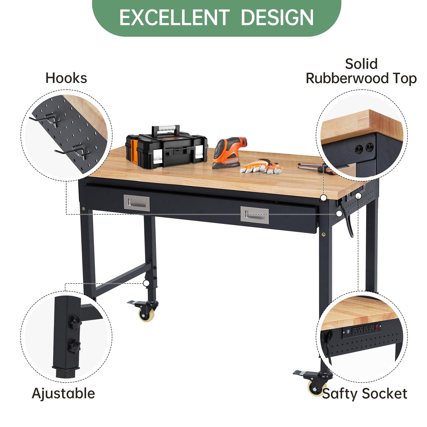 48" Adjustable Work Benches with Drawer, Heavy Duty Garage Workbench with Wheels, Max Load 2000 LBS Tool Bench Shop Table with Power Outlet & Rubber Wood Top for Woodworking, Office, Home