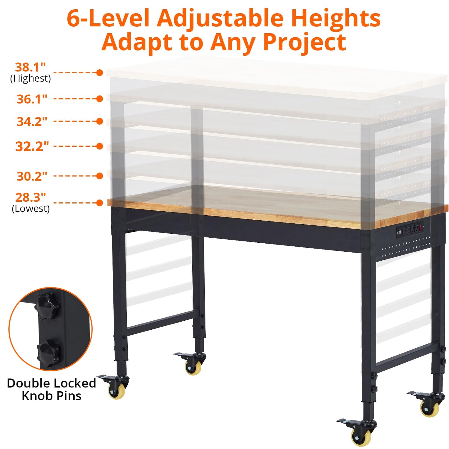 ACONEE 48" Adjustable Height Rubber Wood Workbench, Heavy Duty 2000 LBS Load Capacity, Varnished Finish, Wooden Color, with Power Outlets and Rolling Casters