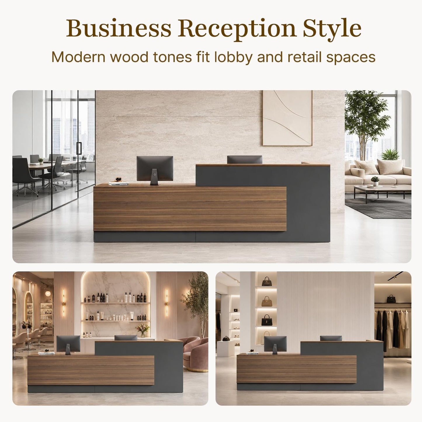 Nuipesn 87" Modern L-Shaped Reception Desk, Front Desk Counter with Drawer, Keyboard Tray and Storage Shelves, Left Layout, Dark Walnut
