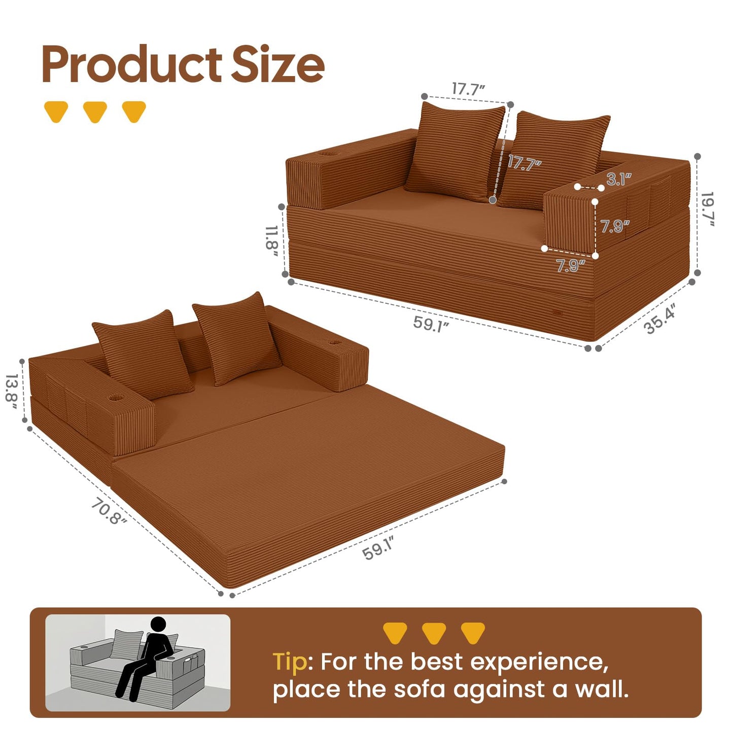 COMAX Futon Sofa Bed, 4‑in‑1 Convertible Sofa Bed, Folding Boneless Couches for Living Room, Fold Out Small Foldable Loveseat Floor Sleeper Comfy Mattress Lounge Space‑Saving, Orange