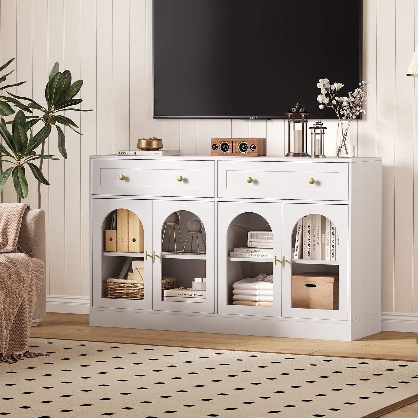 GAOMON 55in Buffet Cabinet with Storage, Farmhouse Sideboard Buffet Cabinet Large Console Coffee Bar Table with 2 Drawers and 4 Acrylic Doors for Kitchen Dining Room Living Room,White