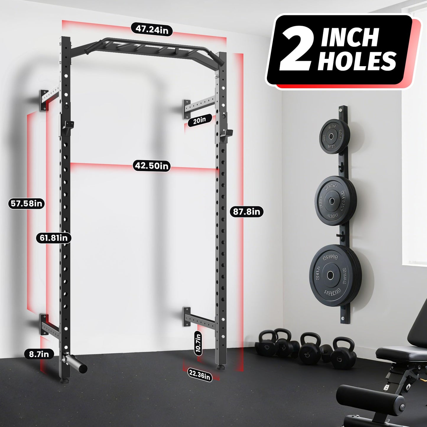Garvee Wall Mounted Power Rack, 1600LB Commercial Squat Rack for Home Gym with Multi-Grip Pull Up Bar, j-Cups & Landmine Attachment for Home and Garage Gym