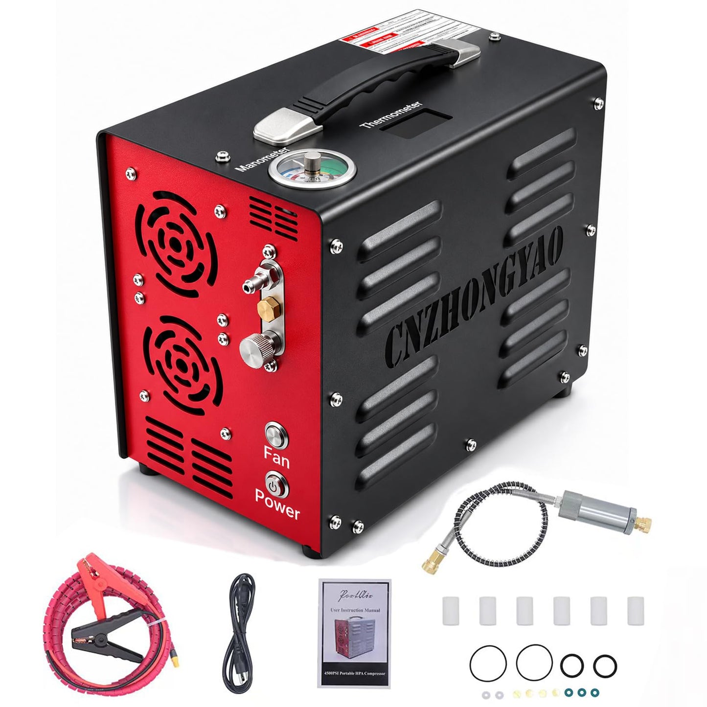 PORTAIR 4500PSI Portable HPA Compressor,Auto-Stop, Oil/Water-Free, Built-in Power Converter PCP Air Compressor for Air Rifle, Scuba Tank, Powered by Car Battery 12V DC or Home 110V AC (Black)