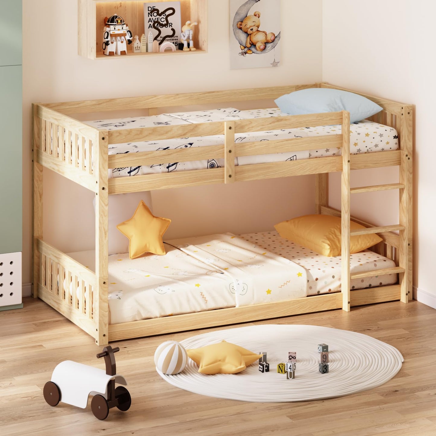 JOYMOR Low Twin Over Twin Bunk Bed for Kids/Junior, Wood Twin Bunk Bed Frame with Guardrails & Ladder for Boys Girls, Mattress Not Included