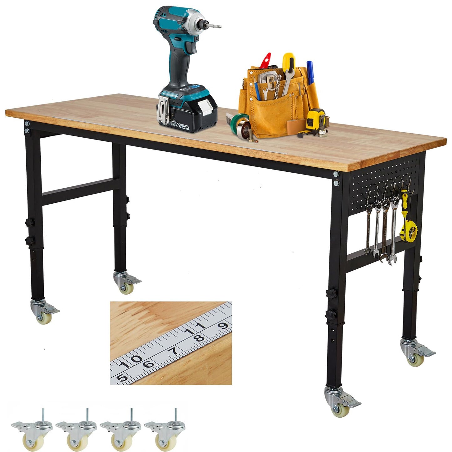48" x 24" Work Bench with Scales, 2200 LBS Load Capacity Adjustable Workbench with Peg Board, Wheels, 8 Adjustable Heights Heavy Duty Work Table for Garage, Workshop, Home, Office