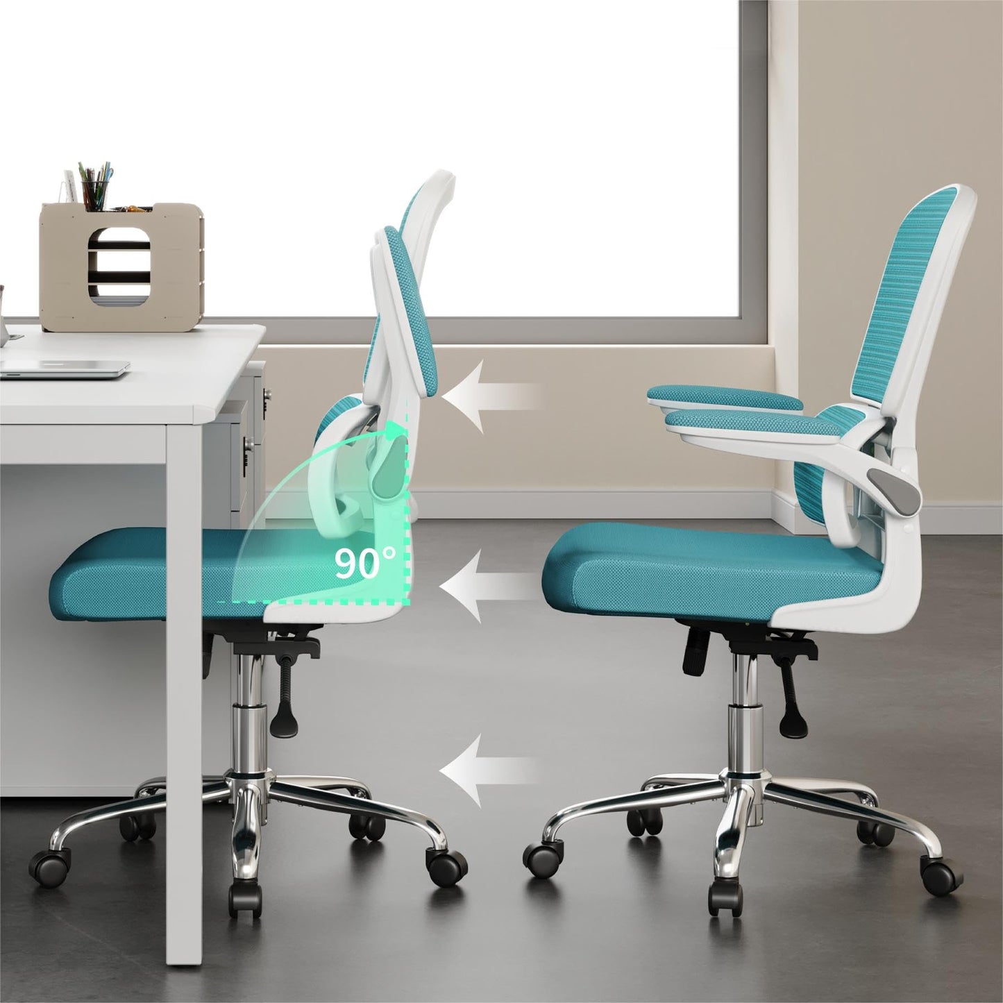 Blue Office Chair, Ergonomic Desk Chair - Thick Cushion Adjustable Height Computer Chair with Lumbar Support and Flip-up Armrests, Home Office Desk Chairs, Swivel Executive Task Chair