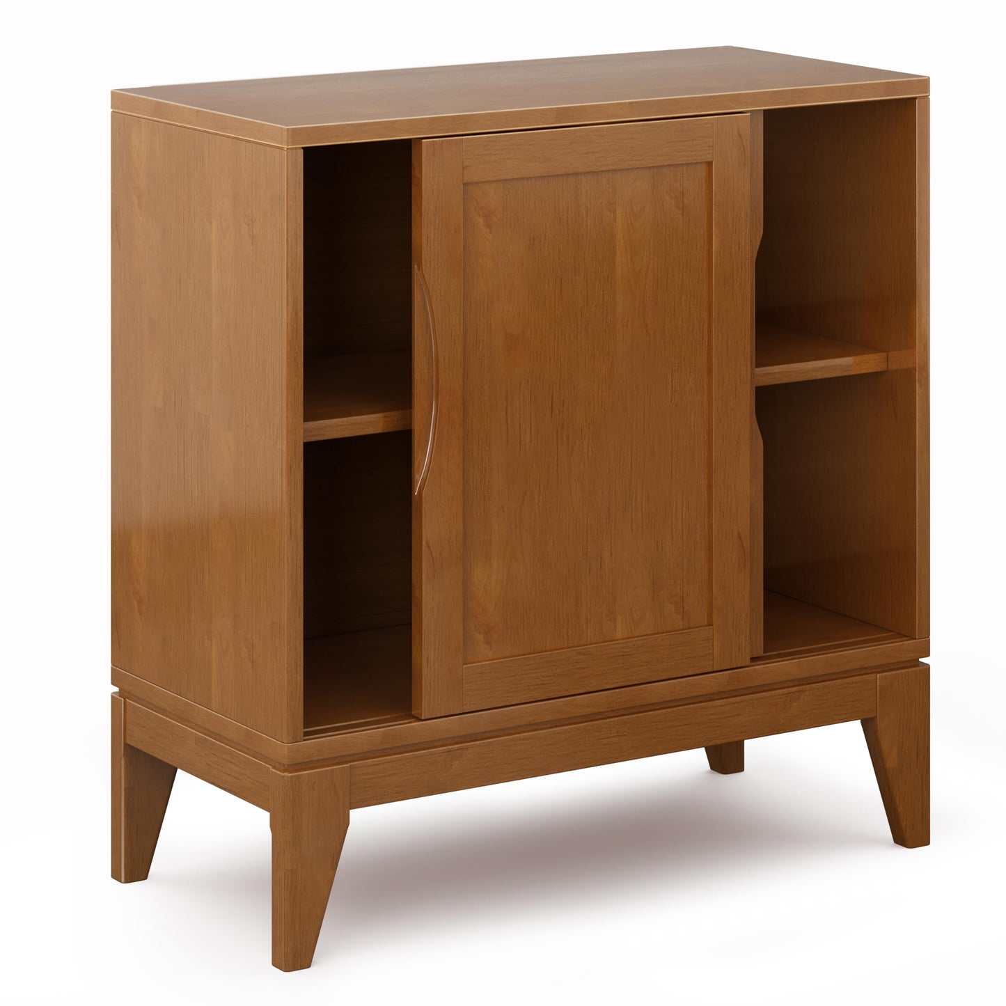 SIMPLIHOME Harper Storage Cabinet - 30 inch Wide Solid Hardwood 2-Shelf Low Console Cabinet in Teak Brown, Mid-Century Modern Cupboard for Living Room with Sliding Doors and Adjustable Shelves