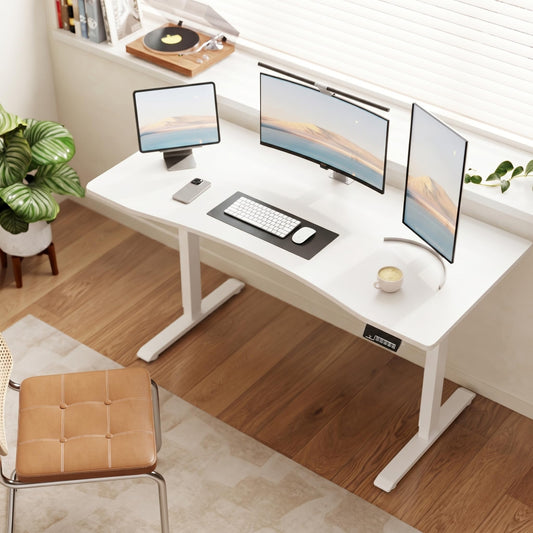 Solid Wood Electric Standing Desk 55"x23.6"Home Office Desk,Adjustable Workbench with 3 Stages Single Motor, Computer Workstation with T-Shaped Metal Bracket,Walnut Standing Table for Gaming(1 Box)