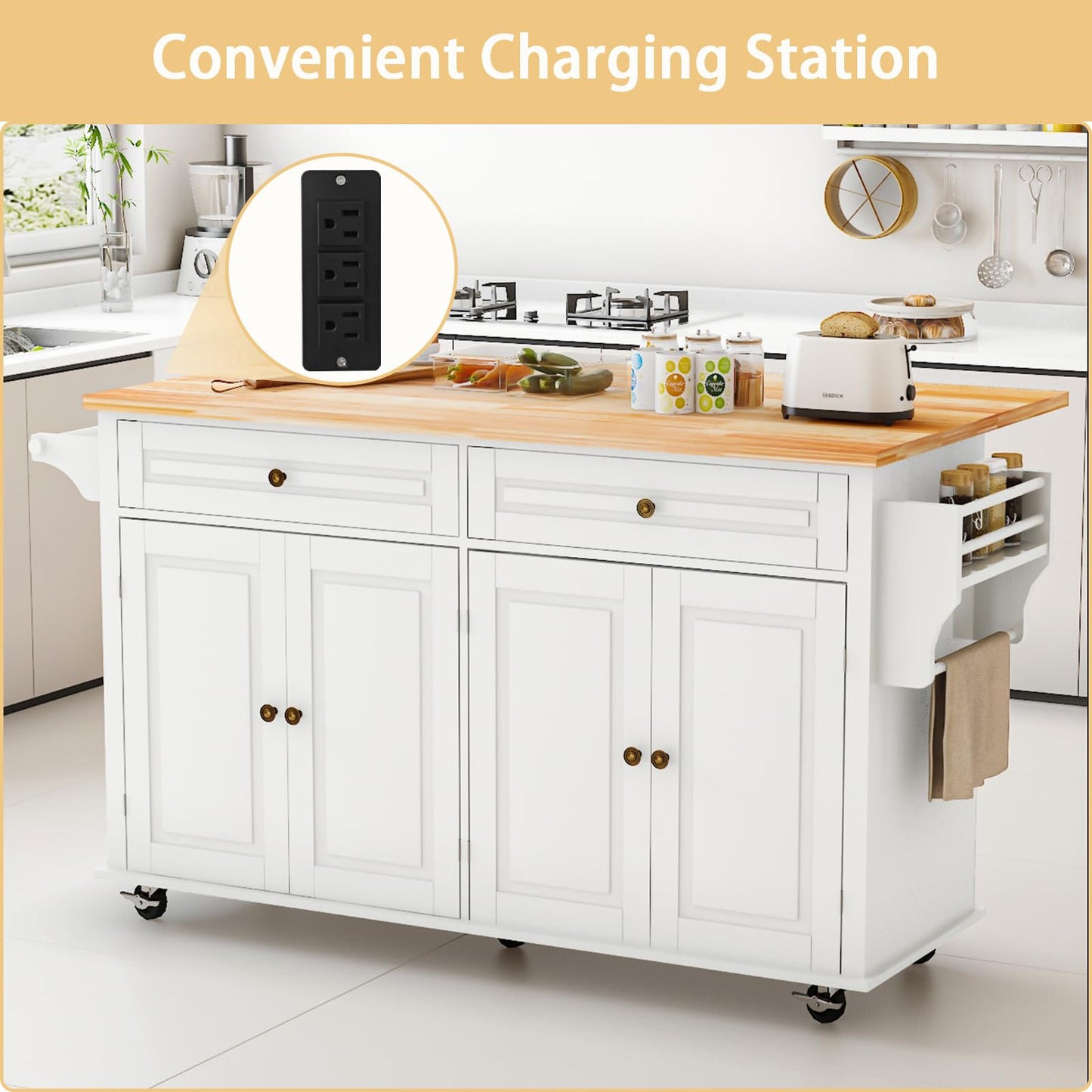JassmiPkwy 67’’ Movable Kitchen Island with Drop Leaf and Power Outlet, Lockable Sliding Countertop Rolling Island Cart with 2 Large Drawers, Spice, Towel Rack,White