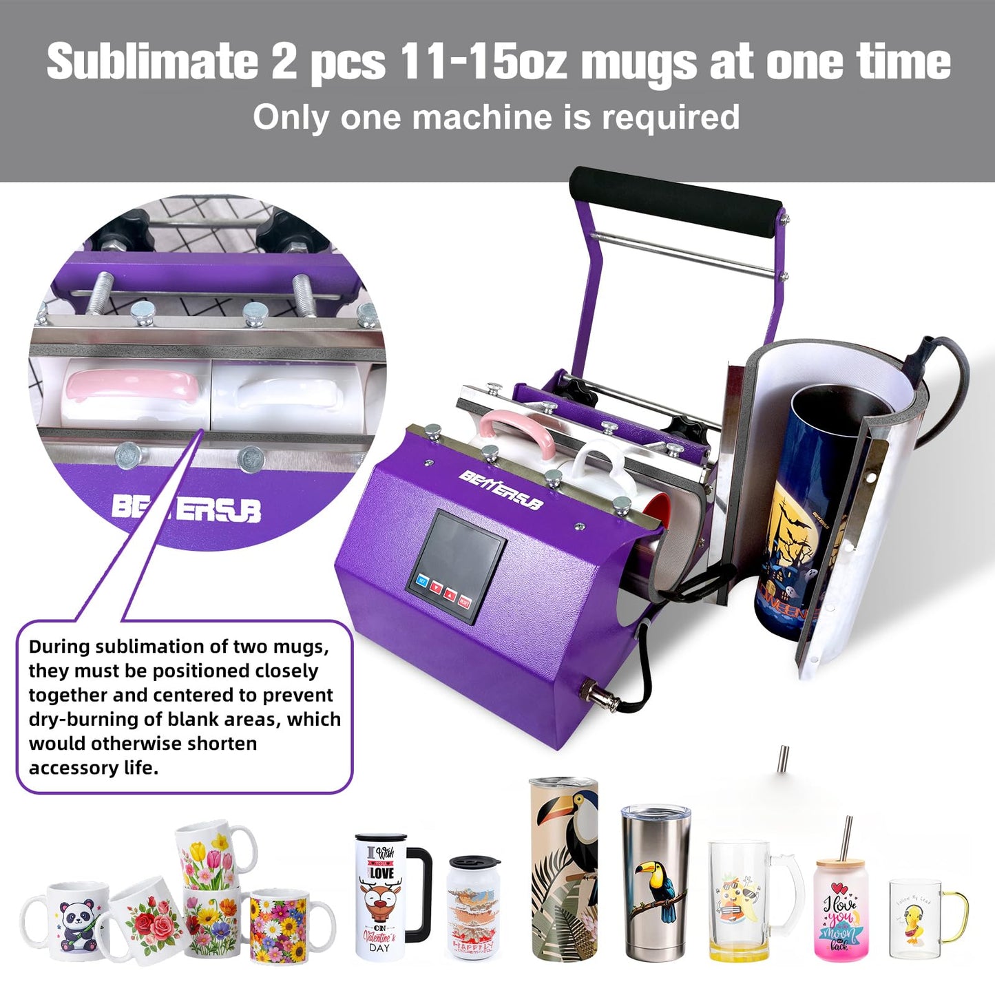 BetterSub 3in1 Tumbler Mug Heat Press Machine 30 OZ 20 OZ 16 OZ Sublimation Straight Skinny Tumbler Mug 3 OZ 1.5 OZ Shot Glass,11 OZ 15 OZ 16 OZ Sublimation Mug Heat Transfer (3in1 Purple)