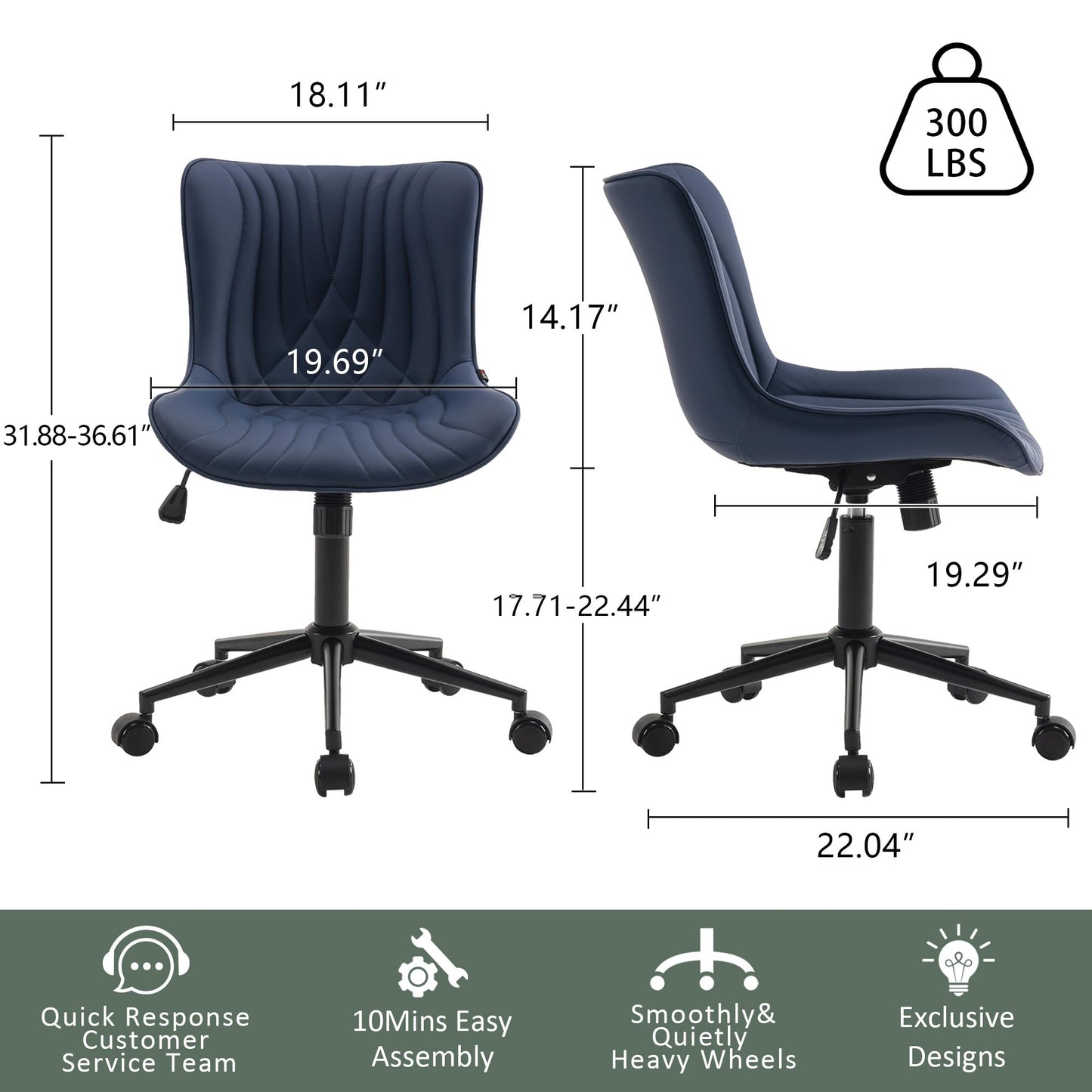 YOUTASTE Navy Blue Office Chair, Faux Leather Armless Desk Chair with Wheels, Height Adjustable, Swivel, Rocking, 300 lbs Capacity, Metal Base, for Home Office Vanity, Purple