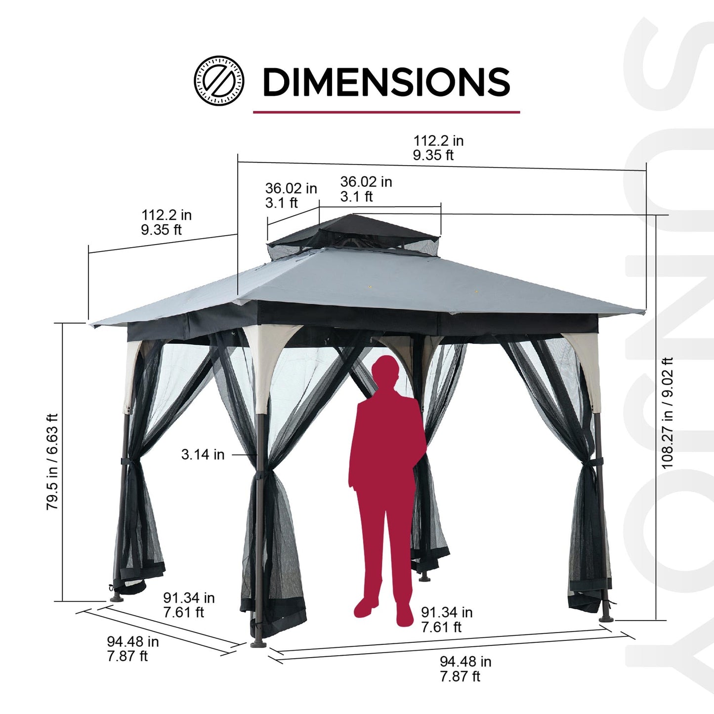 Sunjoy 9 ft. x 9 ft. Gazebo with 2-Tier Canopy Roof, Steel Frame Soft top Gazebo with Ceiling Hook and Mosquito Netting, Tan and Black