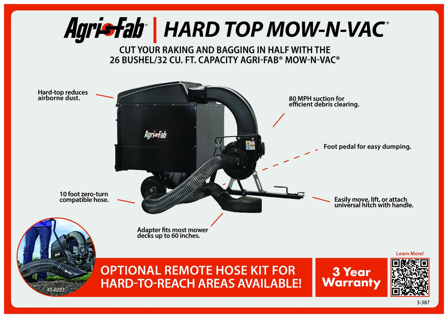Agri-Fab Hard Top Mow-N-Vac Tow Behind Lawn Vacuum, 32 Cu Ft Leaf and Grass Collection System with 208cc Engine