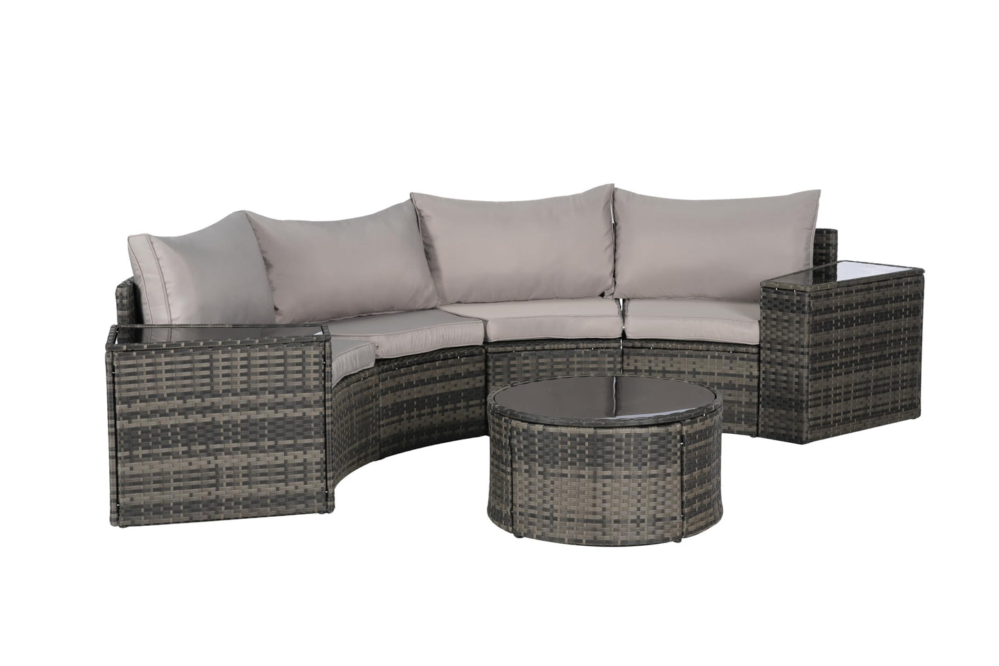 KEIKI 7-Piece Half-Moon Outdoor Patio Furniture Set, Rattan Patio Conversation Set with Coffee Table & 2 Sofa Side Table & 4 Curved Armless Sofa, Wicker Curved Sectional Sofa Set, for Backyard, Gray