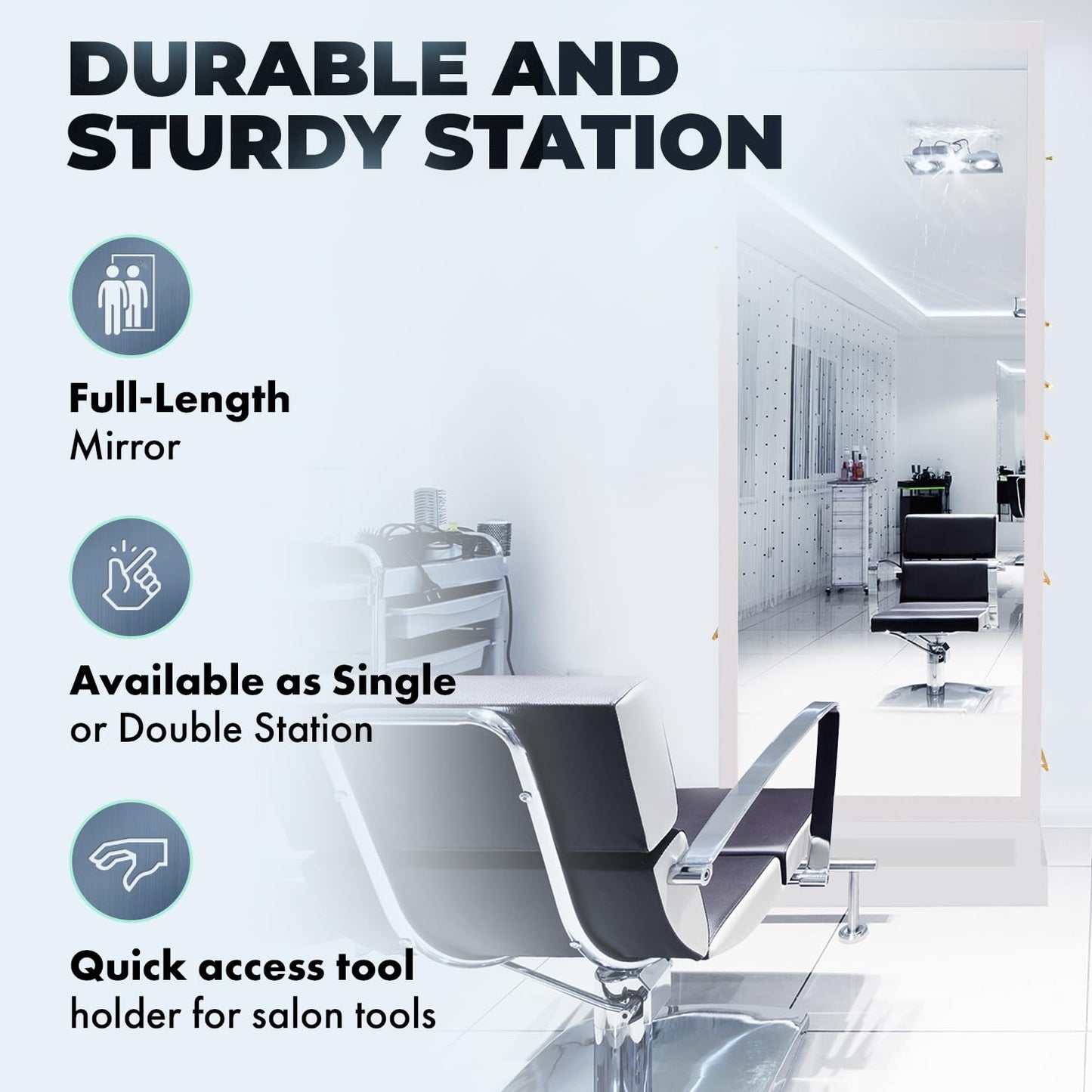 Buy-Rite Modena Single-Sided Styling Station - Gloss White, Full-Length Mirror, Storage Cabinets, Drawers, Pull-Out Tool Tray, Electrical Ready, Space-Saving Salon Station for Professionals, NIN-MS-01