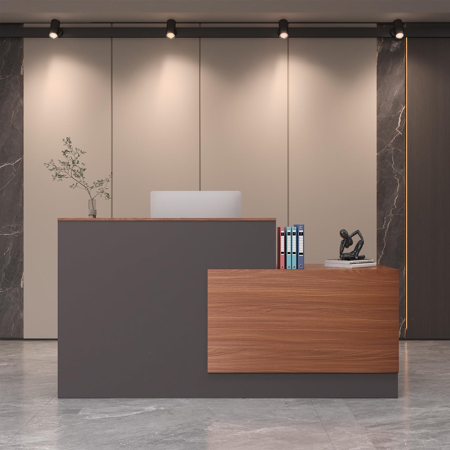 Zethvax L-Shaped Reception Desk,Large Front Desk with Keyboard Tray, Lockable Drawers & File Cabinet, Receptionist Desk for Checkout,Lobby (Left L-Walnut/Slate Gray, 71''L x 23.6''W x 41.3''H)