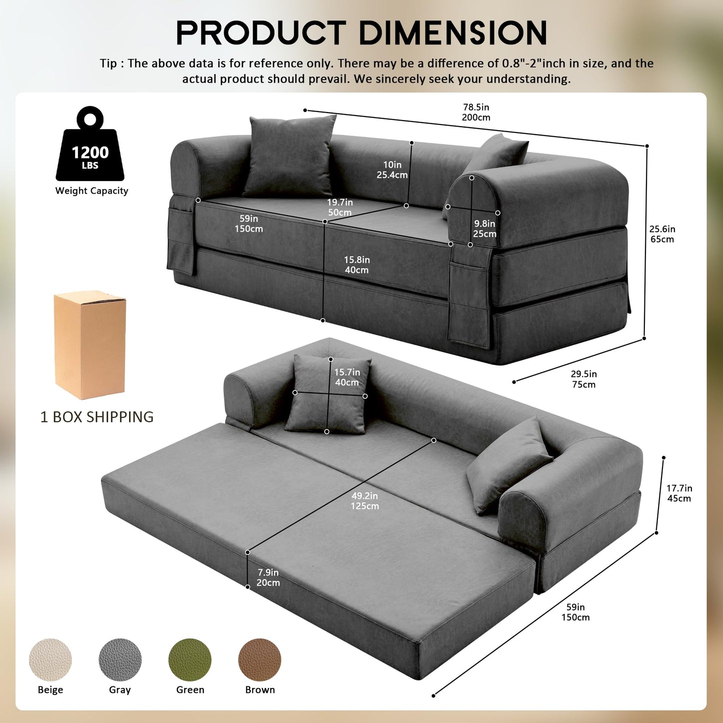 78.5" Convertible Sleeper Sofa Bed, Faux Leather Folding Floor Sofa with Pullout Bed&2 Pillows, No Assembly Modern Boneless Couch Compression Sofa in Box with Storage Pocket for Living Room, Gray
