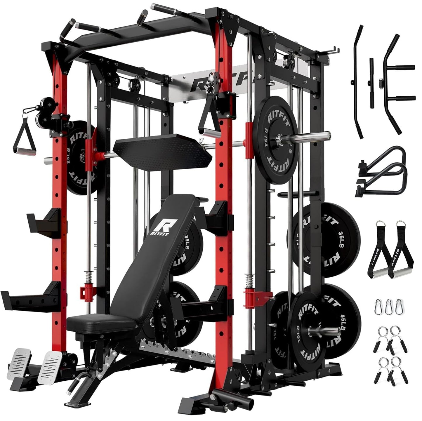 RitFit Buffalo Smith Machine, Power cage with LAT-Pull Down System & Cable Crossover System, All-in-One Squat Rack for Home Gym, Power Rack