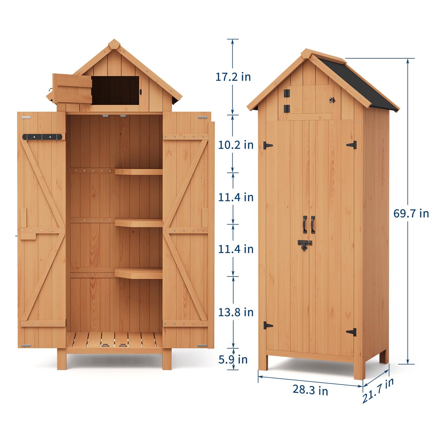 70" Tall Outdoor Storage Shed Cabinet - Vertical Garden Tools Organizer with Waterproof Roof, Lockable Doors & Shelves, Wooden Patio Storage for Yard, Deck, Lawn Equipment