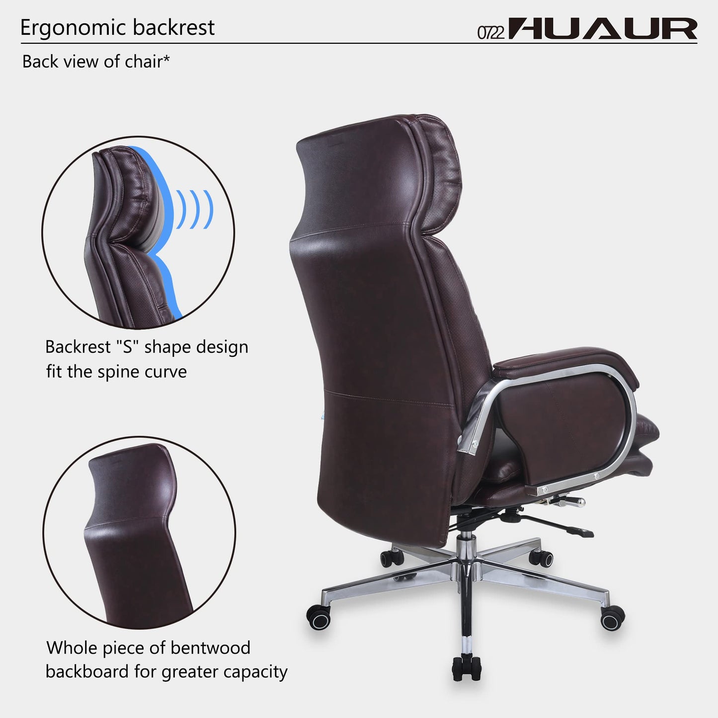 HUAUR Genuine Leather Modern Executive Chair High-Back Support 90 to 150 Degrees Tilt and Upholstered Home Desk Chair with Base 360LB Capacity Swivel Computer Office Chair (Brown)