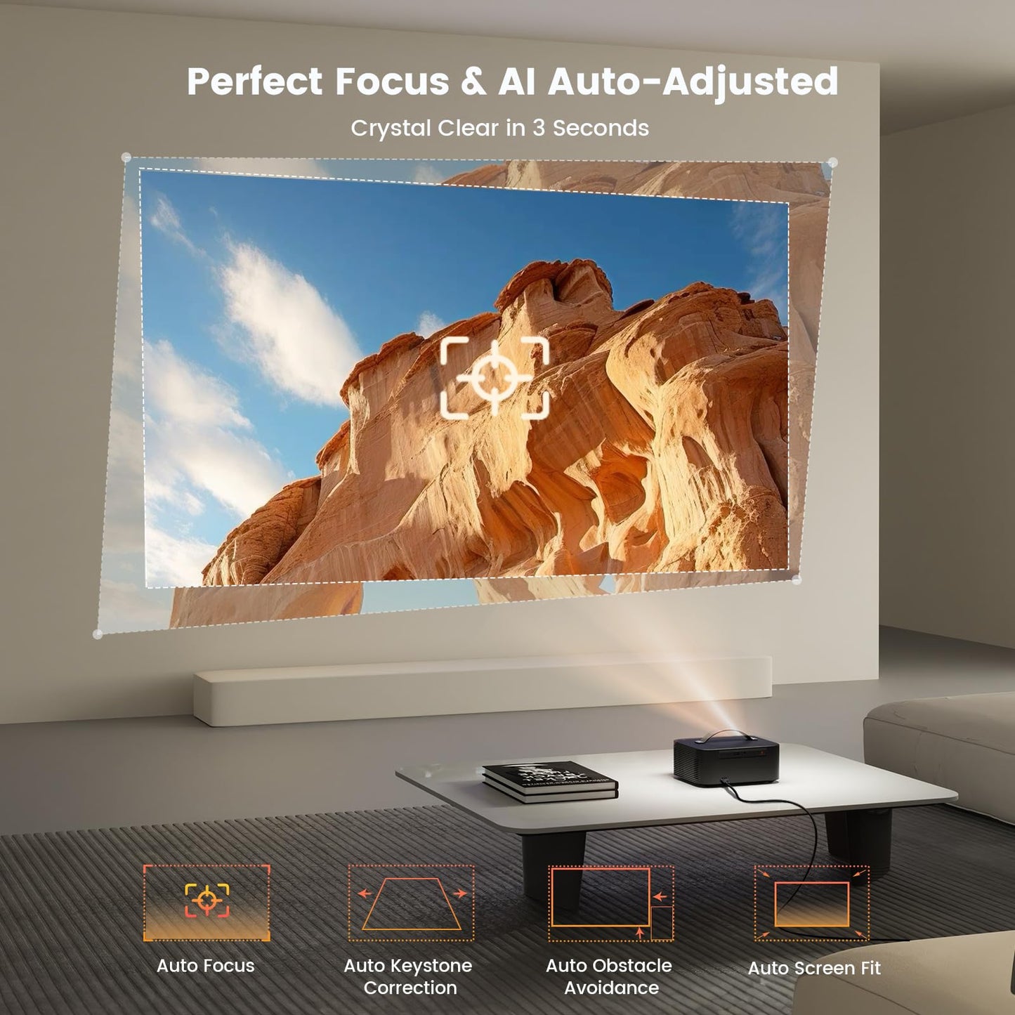 Outdoor-Projector-4K with WiFi and Bluetooth: [3000 Brightness/50W DoIby/Built-in APPs] Portable-Projector Smart OS 2.0&AI Auto Focus, ONOAYO Movie Proyector Compatible with Netflix/YouTube/PrimeVideo