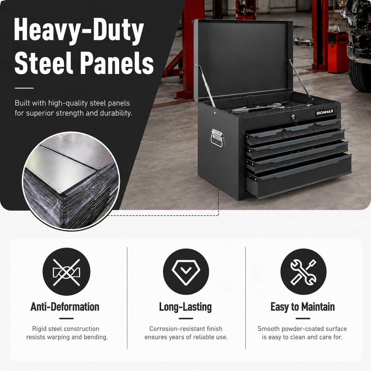 ARNOT Large Metal Tool Box, Tool Box with 6 Drawers & Top Tray, Heavy-Duty Steel Tool Chest with Auto-Locking Drawers and Side Handles for Garage & Workbench (Black)