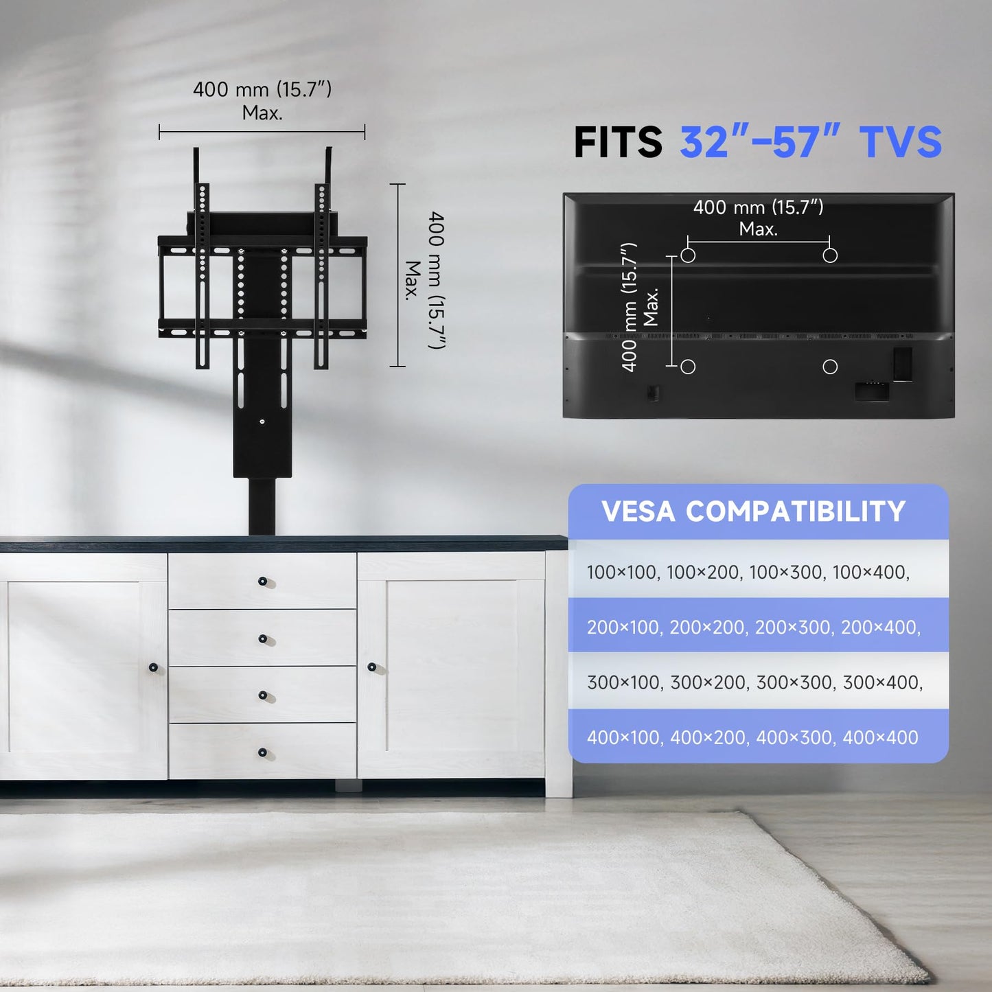 CO-Z Motorized TV Lift for 32" to 57" TVs up to 165 lb, 400x400 VESA, Height Adjustable Mechanism Stand & Wall Mount with Remote Control and Memory Setting, Automatic TV Lift for Home
