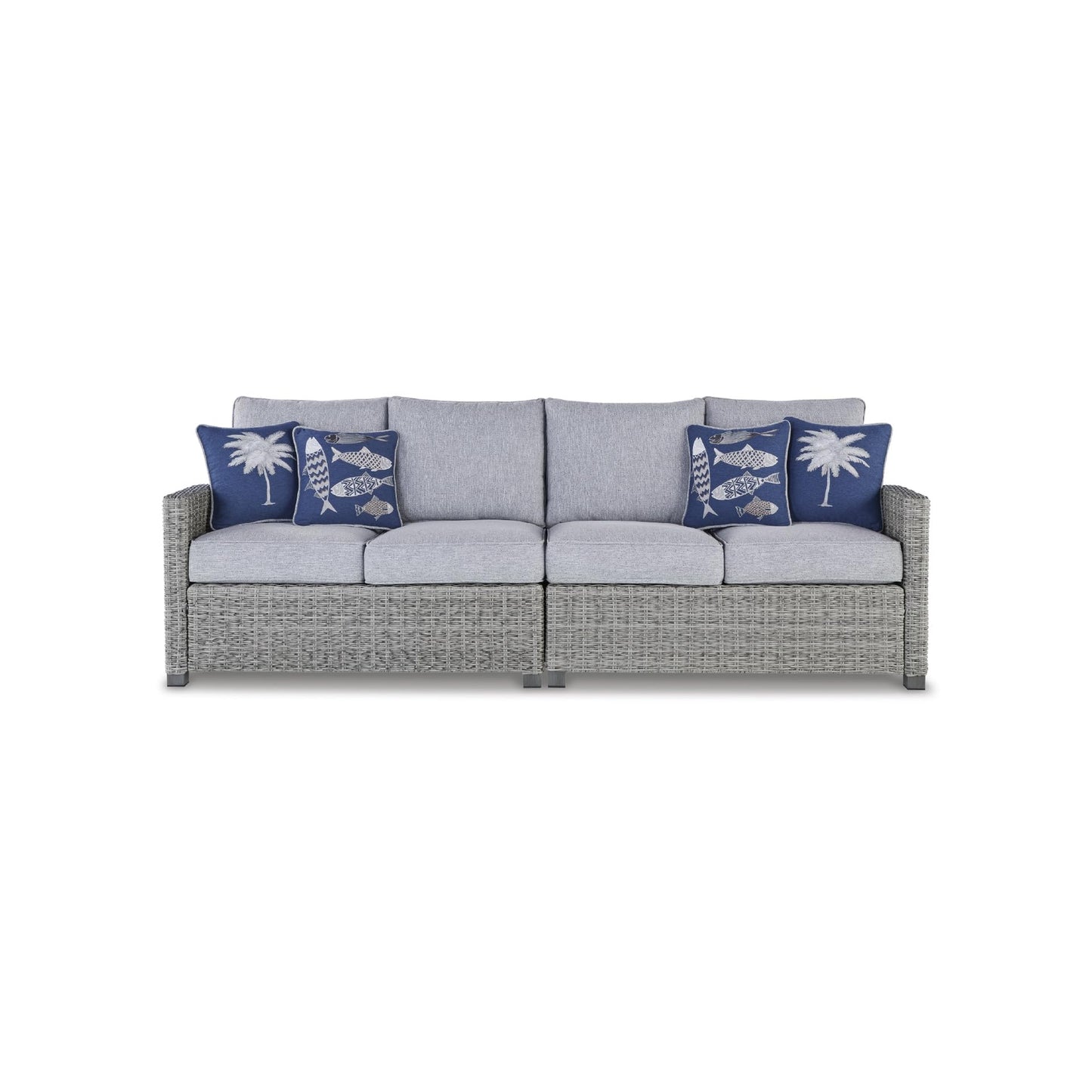 Signature Design by Ashley Naples Beach Casual Outdoor Right and Left-arm Facing Loveseat with Cushion and 4 Throw Pillows, Set of 2, Nuvella Weather Resistant Fabric, Light Gray