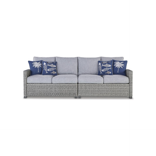 Signature Design by Ashley Naples Beach Casual Outdoor Right and Left-arm Facing Loveseat with Cushion and 4 Throw Pillows, Set of 2, Nuvella Weather Resistant Fabric, Light Gray