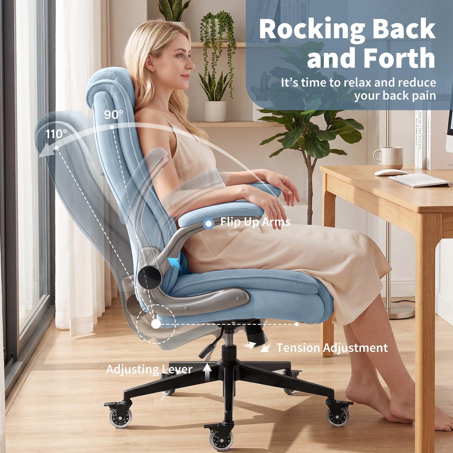 Fabric High Back Office Chair with Lockable Quiet Casters, Thick Padded Ergonomic Computer Chair- Adjustable Lumbar Support & Flip-Up Arms, Wide Executive Desk Chair for Back Pain, 400LBS Capacity