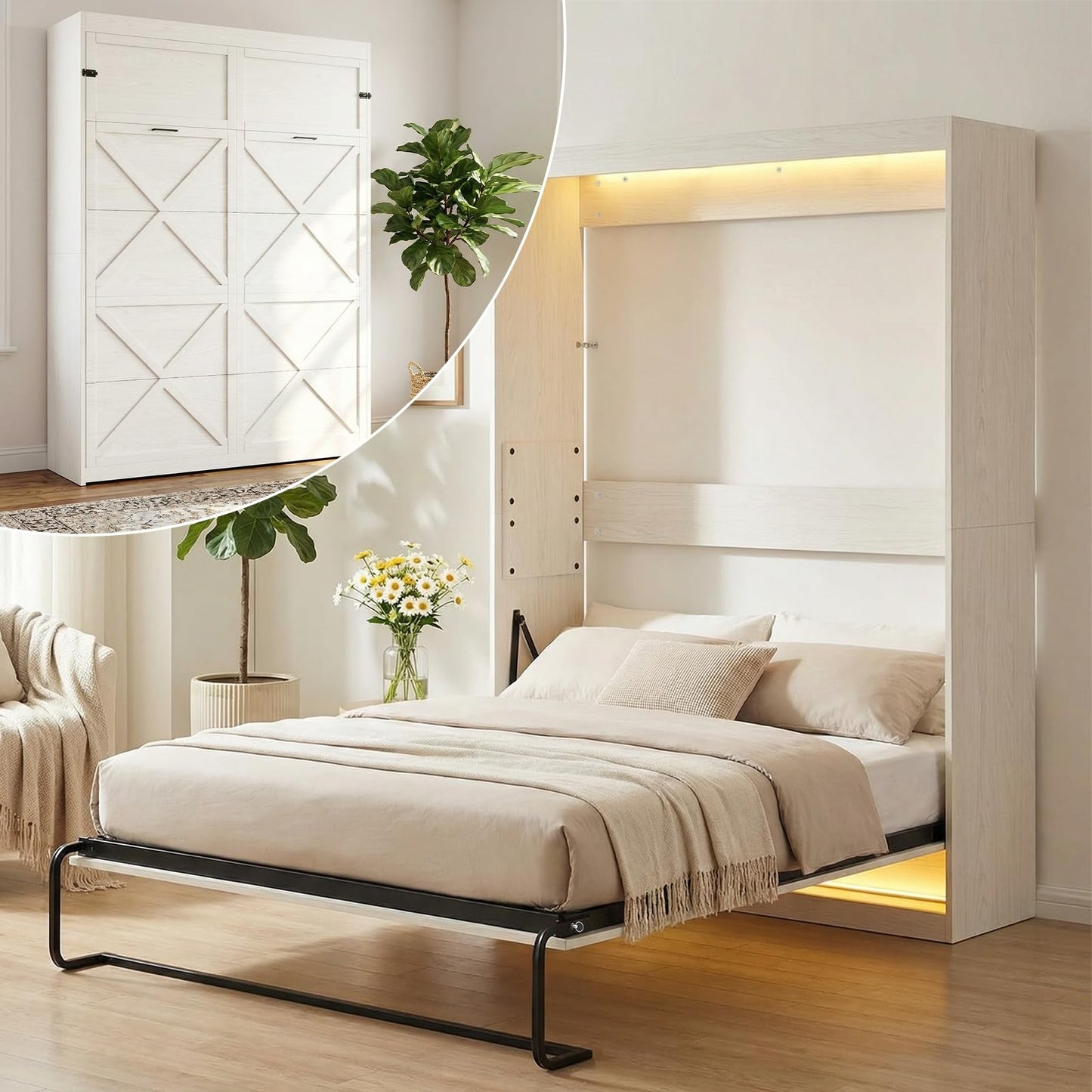 CECER Queen Size Wall Murphy Bed with LED Lights，Queen Murphy Cabinet Beds with Gas Struts，Space-Saving Wall Beds Cabinet Bed for Guest Room/Bedroom-White