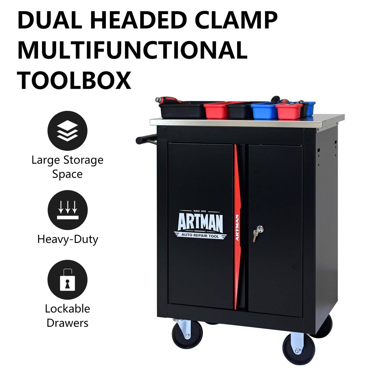 KEIKI Double Door Tool Cart with Storage Shelf, Rolling Metal Tool Cabinet with Lockable Wheels, Multi-Function Garage Workshop Tool Organizer (Black&Red)
